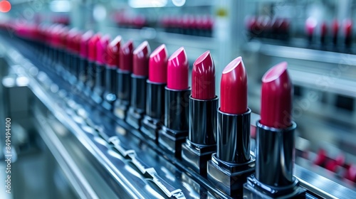 Vivid lipsticks on a conveyor belt, close-up with a blurred backdrop of factory equipment, emphasizing the meticulous production process