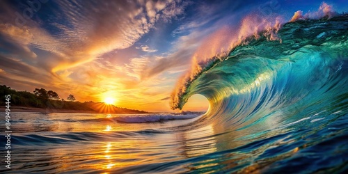 Outstanding pipeline wave at sunset in a paradise ocean crystaline waters