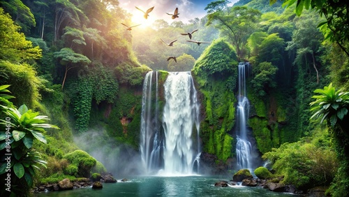 Tropical waterfall surrounded by lush vegetation and birds flying overhead, Tropical, waterfall, lush, vegetation, birds