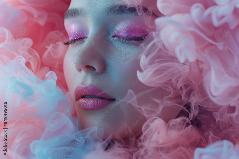 Create a mesmerizing 3D-texture makeup look inspired by the ethereal beauty of clouds and soft gradients. Create a mesmerizing 3D-texture makeup look inspired by the ethereal beauty of clouds and soft gradients.