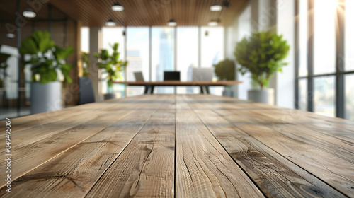 empty and clean wooden table with blurry office room