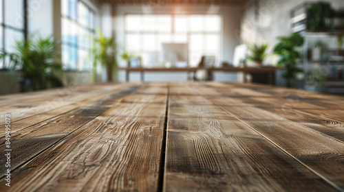 empty and clean wooden table with blurry office room