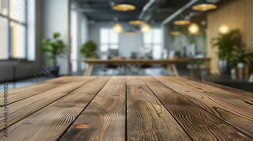empty and clean wooden table with blurry office room