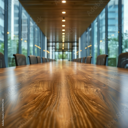 empty and clean wooden table with blurry office room