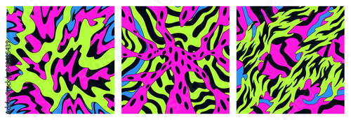 Set of abstract trippy groovy style background. Vector graphic. Bright acid colors, elements. Retro 60s 70s psychedelic geometric pattern. Colorful ornament wallpaper, fabric, apparel stylish design.