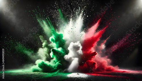 Green white and red colored powder explosions on black background. Holi paint powder splash in colors of Mexican flag