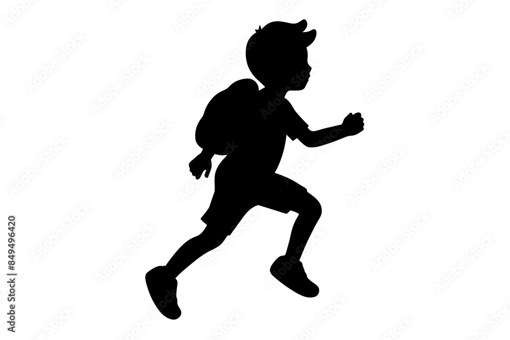 vector silhouette of a child running with a backpack on their shoulder against a plain white background vector silhouette of a child running with a backpack on their shoulder against a plain white background