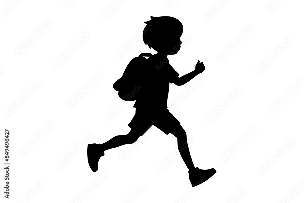 vector silhouette of a child running with a backpack on their shoulder against a plain white background vector silhouette of a child running with a backpack on their shoulder against a plain white background