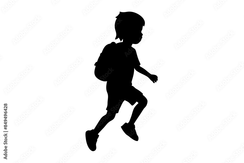 vector silhouette of a child running with a backpack on their shoulder against a plain white background vector silhouette of a child running with a backpack on their shoulder against a plain white background