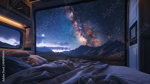 Interior view from a camper van of outside beautiful view of milky way starring night sky