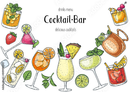 Alcoholic cocktails frame. Hand drawn vector illustration. Cocktails sketch set. Engraved style.
