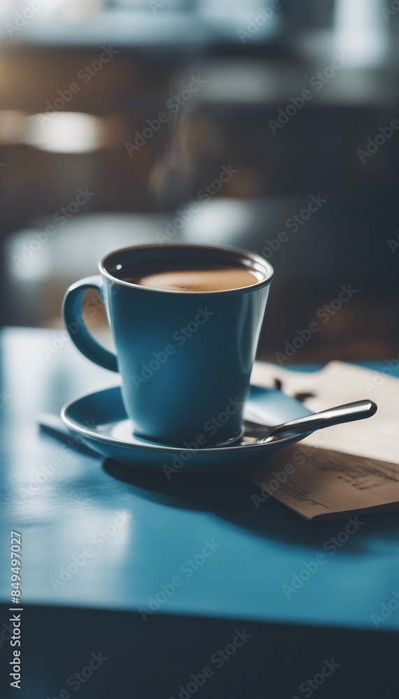 A cup of coffee placed on a blue table with copy space A cup of coffee placed on a blue table with copy space