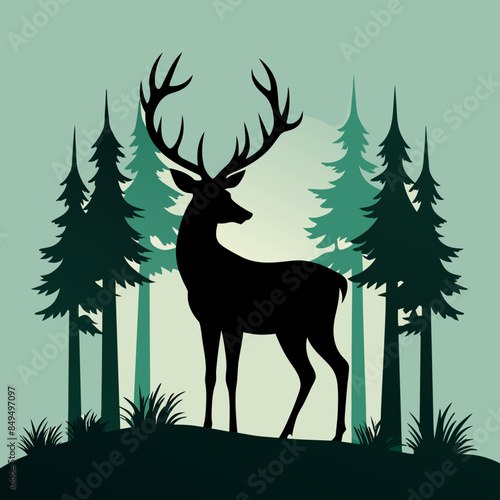 A silhouette of a deer with antlers standing in a forest with trees in the background