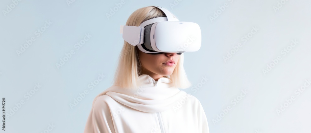 Young woman using virtual reality headset on plain background Young woman using virtual reality headset on plain background