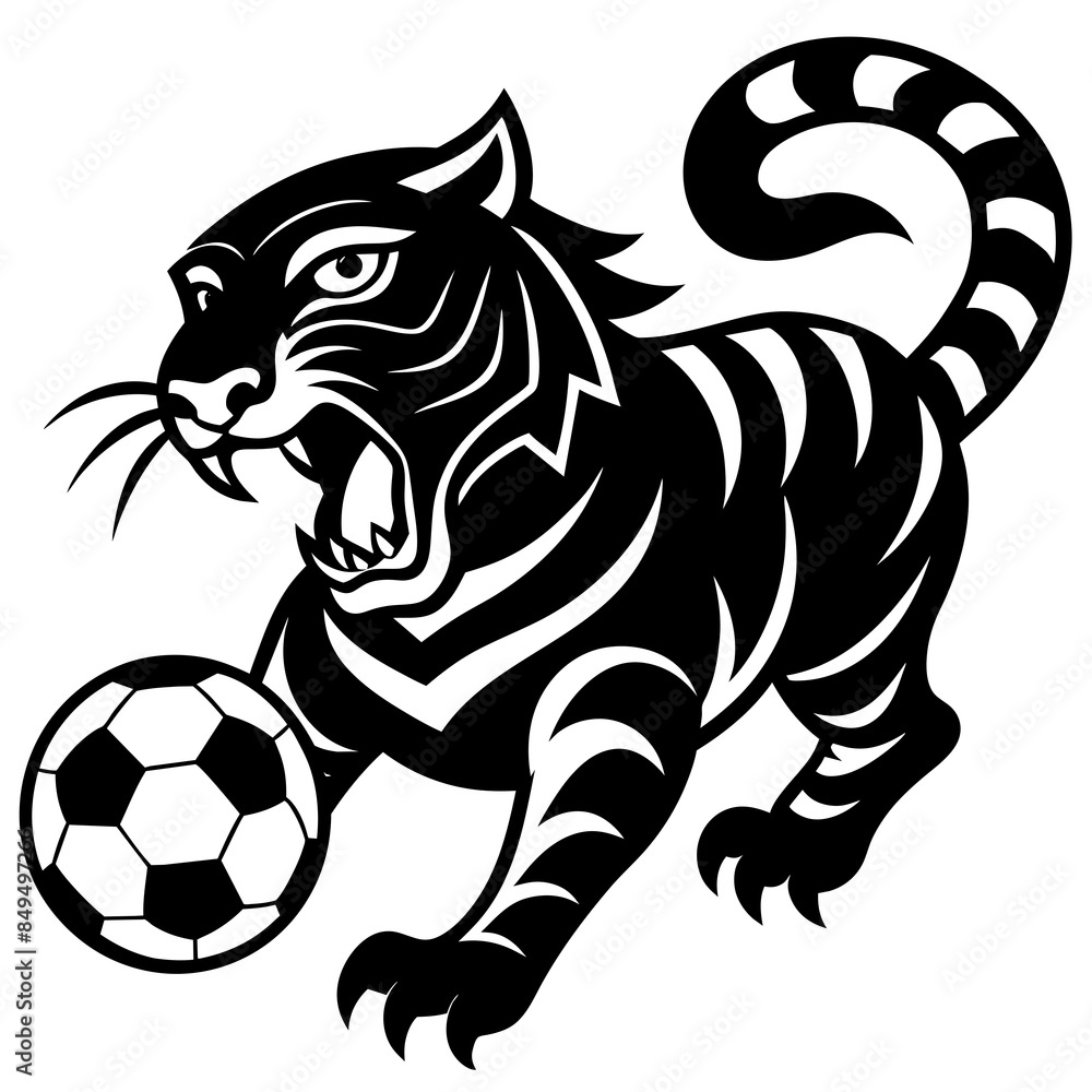 A complete fierce tiger, roaring in black and white, with claws playing with a soccer ball A complete fierce tiger, roaring in black and white, with claws playing with a soccer ball