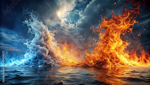 Fiery battle between flames and water, opposites, elements, clash, heat, cool, blaze, aquatic, extinguish, steam, sizzle photo