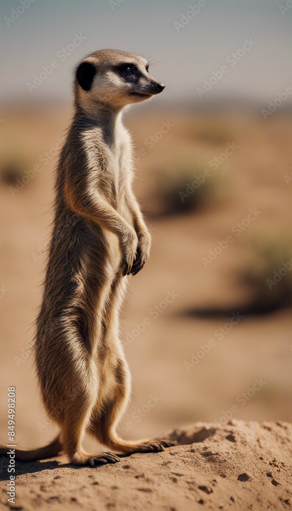 A meerkat stands on its hind legs in the arid desert side view A meerkat stands on its hind legs in the arid desert side view