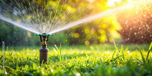 Automatic garden lawn sprinkler watering lush green grass, irrigation, water conservation photo
