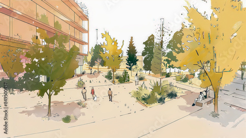 Architectural blueprint drawing design, construction plan of business complex for the construction headquarter of the media company elevation drawing plan.