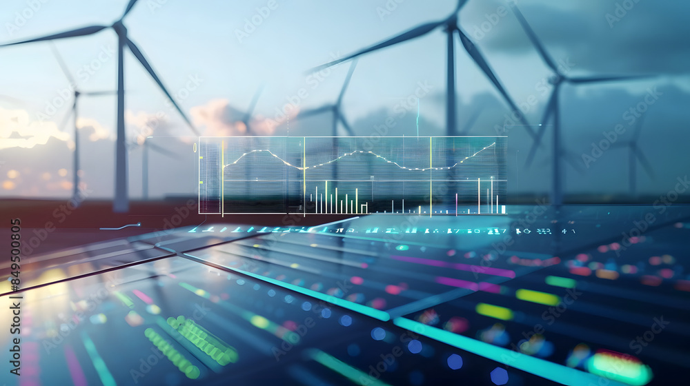 Renewable energy data analysis on digital monitor at solar and wind ...