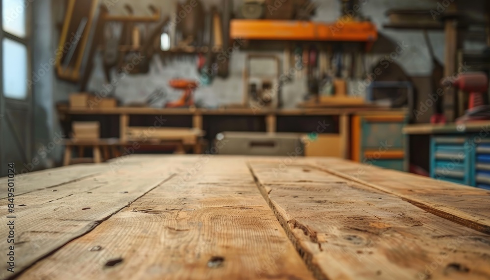 Old rustic wooden table with workshop interior as background. blurred image workshop with tools and window Old rustic wooden table with workshop interior as background. blurred image workshop with tools and window