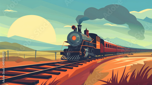 A train on rails traveling into the distance against the background of houses and nature