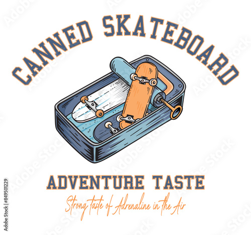 Vector illustration of can of sardines with skateboards inside. Stripped design for printing on t-shirts, posters and etc.