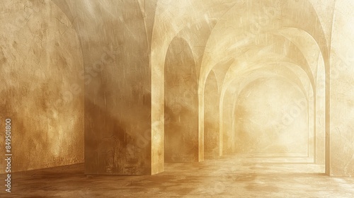 Beige-toned corridor with stone arches, evoking a sense of timelessness and tranquility. Perfect for heritage sites, rustic interiors, and artistic designs.