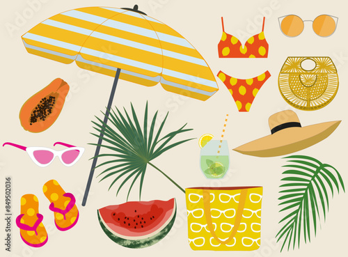 ensemble vecteur vacances été plage parasol tropical accessoires fruits coloré
