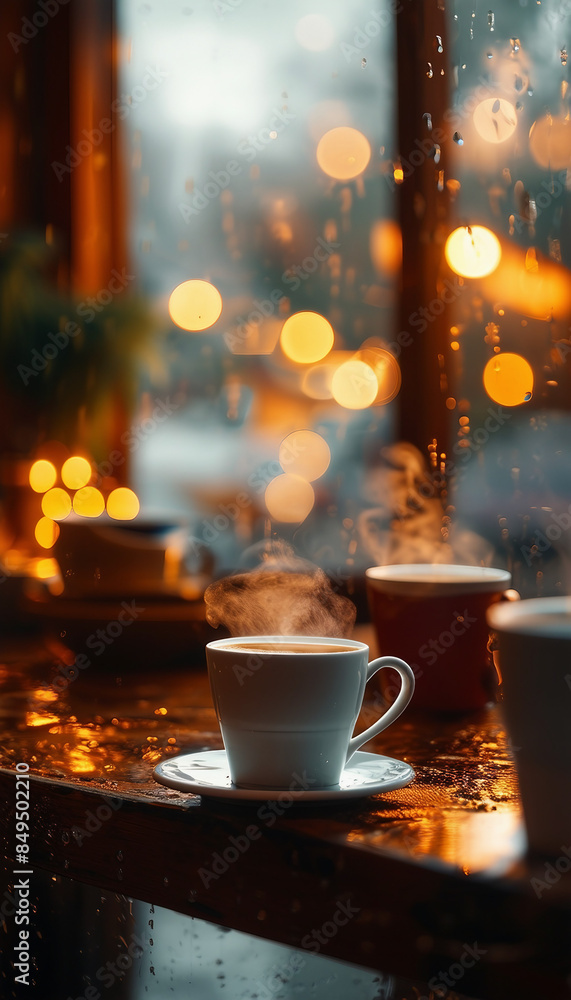 A cozy coffee shop on a rainy day with steaming mugs and p A cozy coffee shop on a rainy day with steaming mugs and p