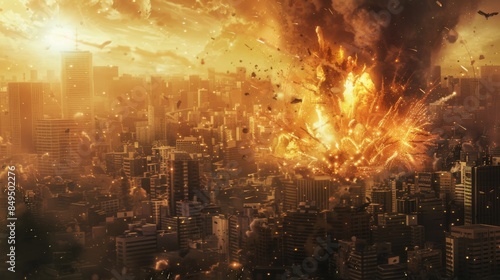 modern city devastated by explosions and chaos. explosion in the center of the historical city. war and attack on the city. terrible footage. destruction of buildings. fire