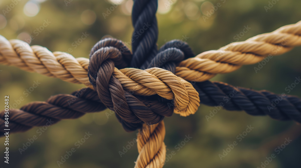 A close-up of a knot tied from ropes of various shades of beige and brown twine. The concept of symbiosis, cooperation, compromise, and collaboration. A close-up of a knot tied from ropes of various shades of beige and brown twine. The concept of symbiosis, cooperation, compromise, and collaboration.