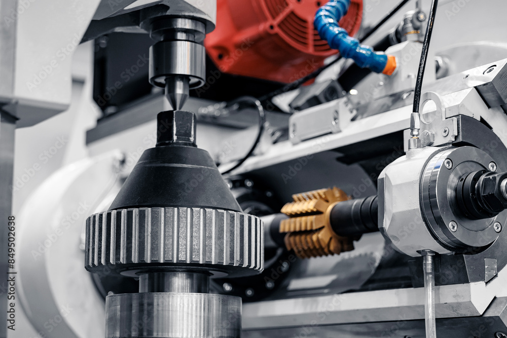 CNC makes large metal gear wheel, industry work. Production milling machine cuts teeth on workpiece CNC makes large metal gear wheel, industry work. Production milling machine cuts teeth on workpiece