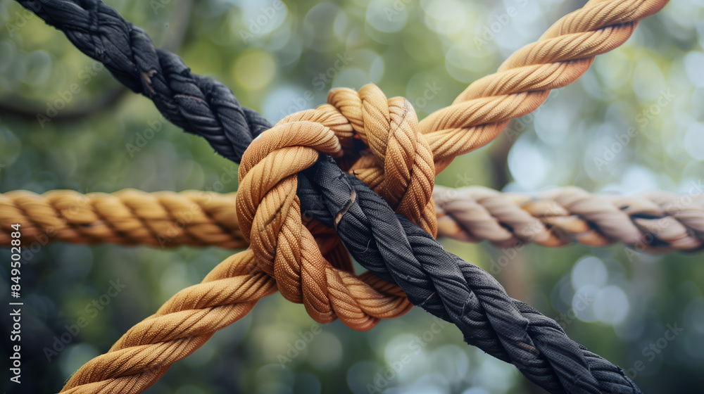 A close-up of a knot tied from ropes of various shades of beige and brown twine. The concept of symbiosis, cooperation, compromise, and collaboration. A close-up of a knot tied from ropes of various shades of beige and brown twine. The concept of symbiosis, cooperation, compromise, and collaboration.