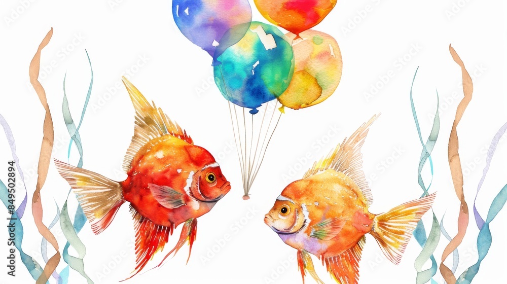 Fototapeta premium Two watercolor goldfish with balloons.