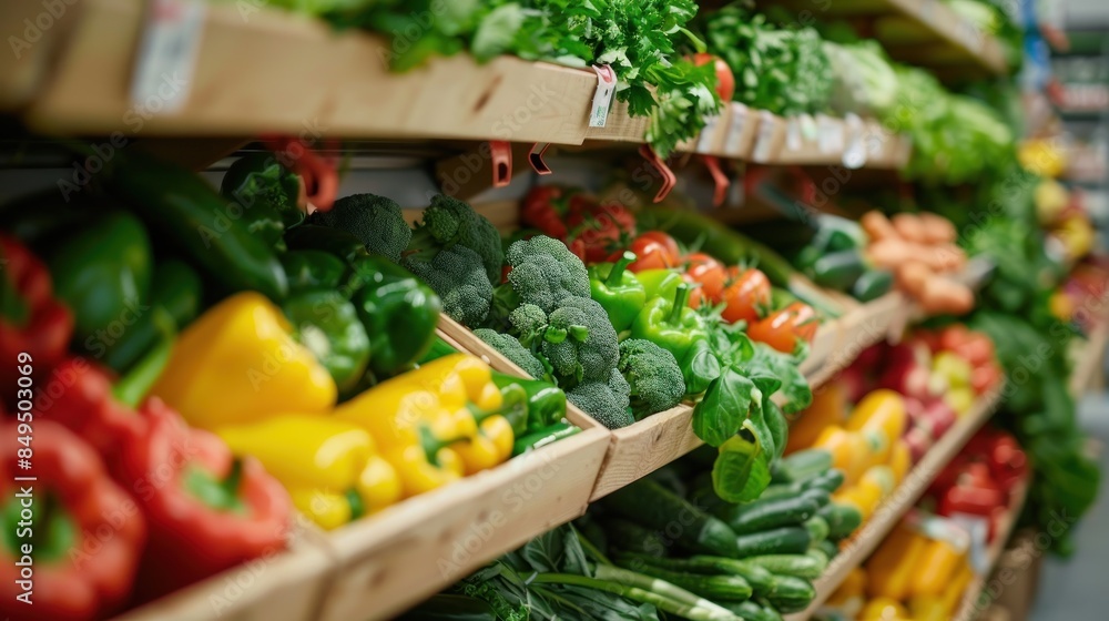Grocery shopping rack with fresh vegetables. generative AI image Grocery shopping rack with fresh vegetables. generative AI image