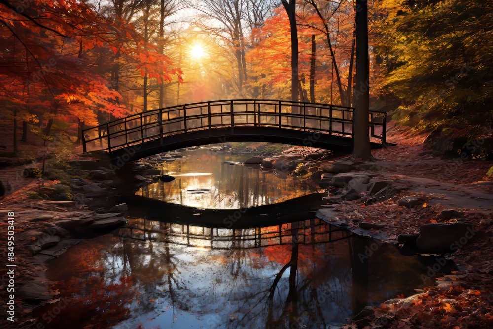 Fototapeta premium Tranquil autumn scene bridge over lake surrounded by colorful trees and pathway with fallen leaves