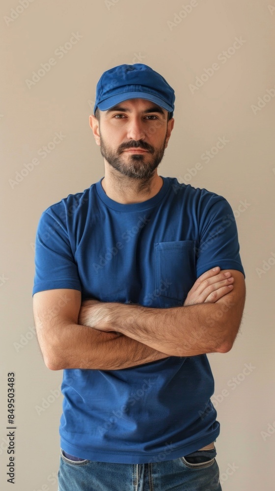 A man wearing a blue shirt and a blue hat is standing with his arms crossed A man wearing a blue shirt and a blue hat is standing with his arms crossed