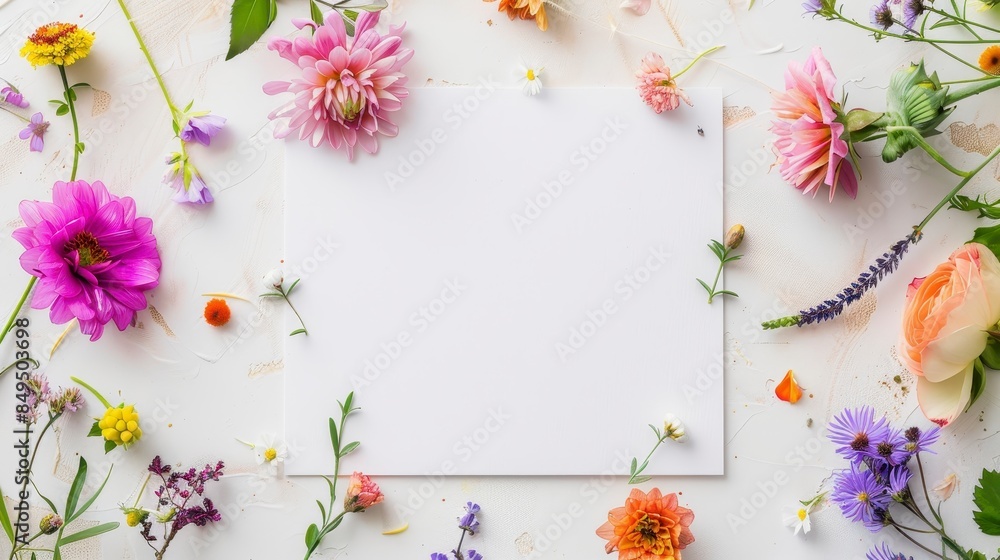 A blank white card with colorful flowers around the edges on white background A blank white card with colorful flowers around the edges on white background