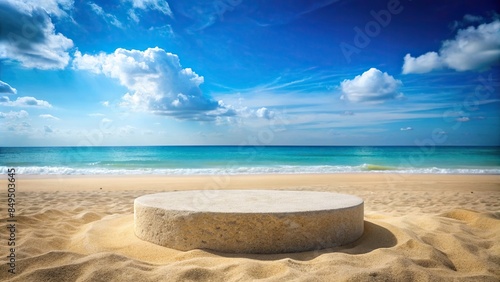 Abstract stone podium on sandy tropical beach for showcasing products , stone, podium, tropical, beach, sand © wasana