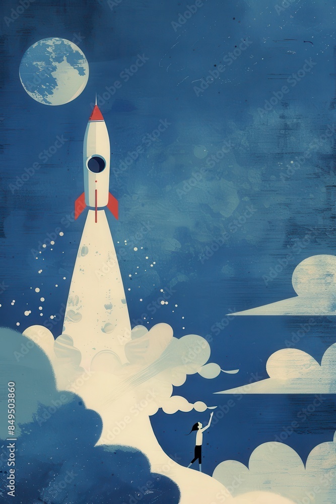 Fototapeta premium A person watching a rocket flying on a blue background