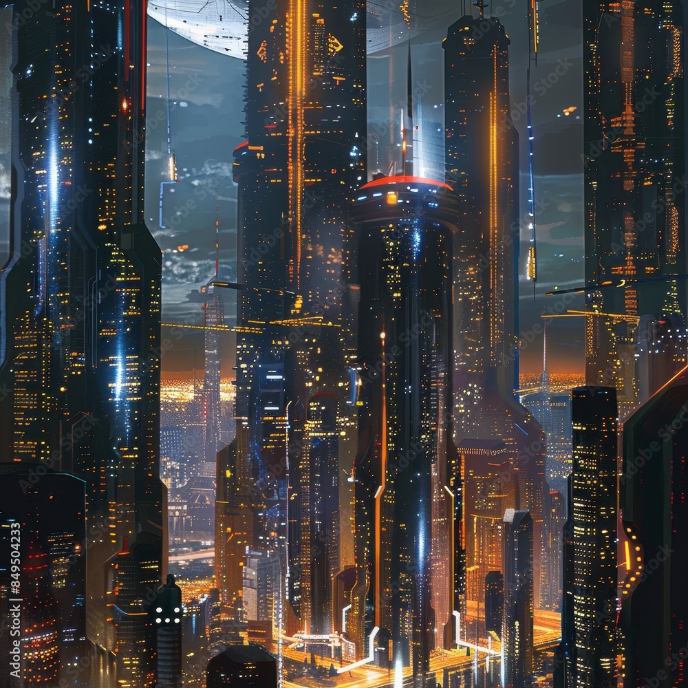 art of city skyline with tall building and using an orange and blue color scheme art of city skyline with tall building and using an orange and blue color scheme