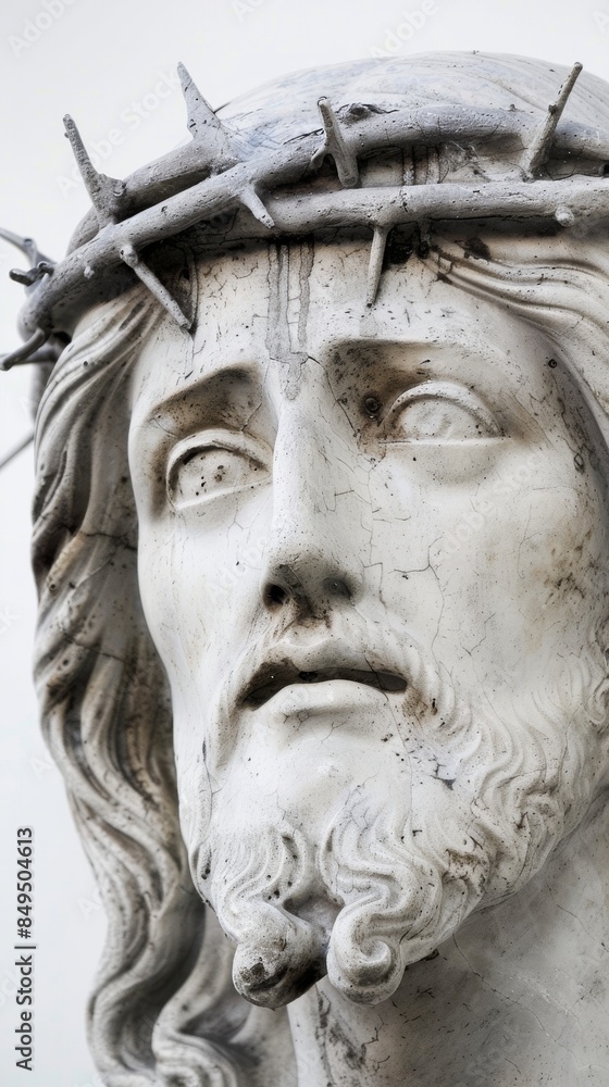 An old Catholic art portraiture of Jesus, depicted head-on against a white background. The traditional style captures the solemn and divine nature of Jesus.
An old Catholic art portraiture of Jesus, depicted head-on against a white background. The traditional style captures the solemn and divine nature of Jesus.
