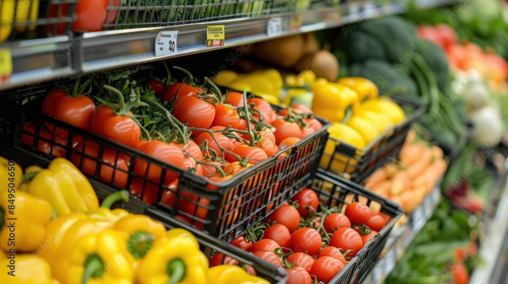 Grocery shopping rack with fresh vegetables. generative AI image Grocery shopping rack with fresh vegetables. generative AI image