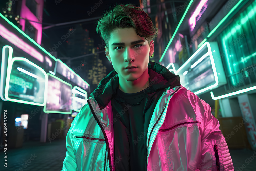 Obraz premium Handsome Gen-Z male in fashionable neon Generative Ai,