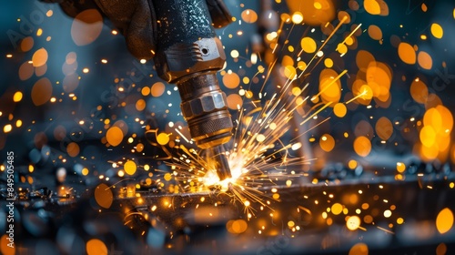 close up hand of a welder holding a welding torch, sparks flying as the metal is fused together, showcasing the intense concentration and skill in welding