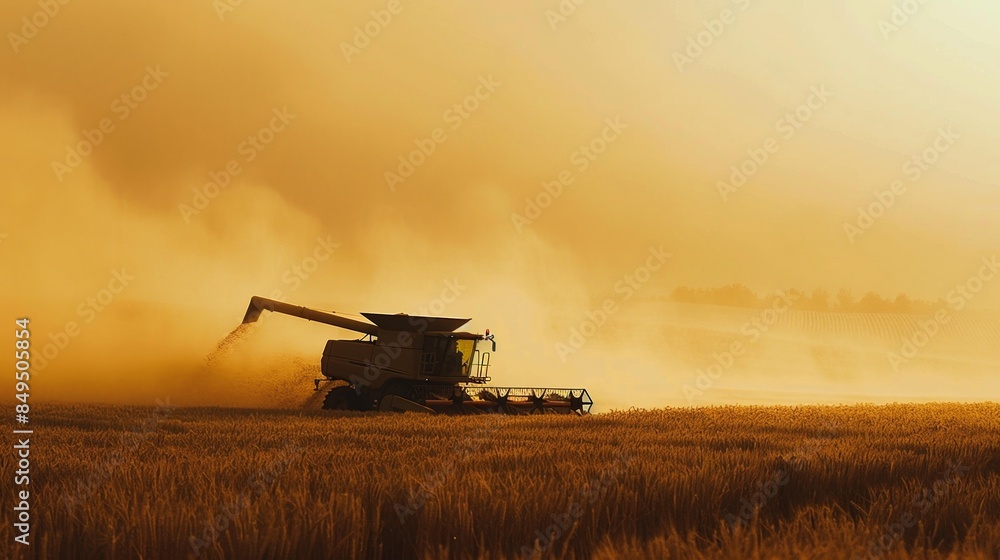 Fototapeta premium Combine harvester machine working in wheat field farm land.