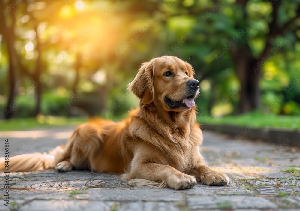 Golden Retriever Lying Serenely On A Sun-Dappled Path In A Lush Park, Surrounded By Vibrant Greenery Golden Retriever Lying Serenely On A Sun-Dappled Path In A Lush Park, Surrounded By Vibrant Greenery