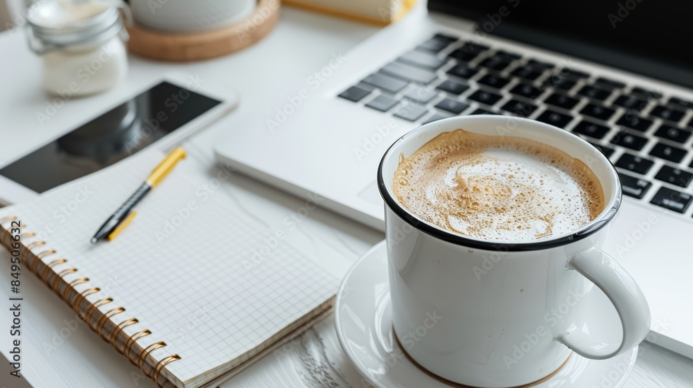 Clean workspace with a laptop, notebook, and morning coffee, capturing a productive morning routine with significant space for text Clean workspace with a laptop, notebook, and morning coffee, capturing a productive morning routine with significant space for text