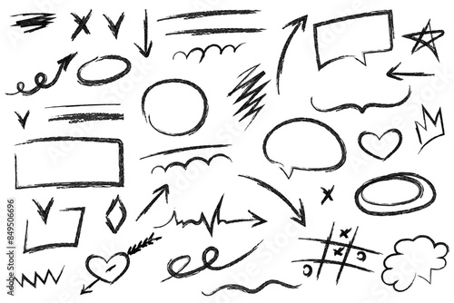 Scribble doodle paint underline children set, marker scratch, vector pen squiggle kit, black stoke. Kids hand drawn pencil abstract sketch, speech bubles, star, heart. Scribble doodle